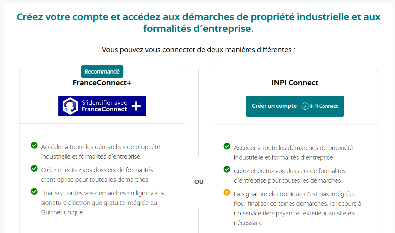 Choix entre FranceConnect+ et INPI Connect pour se connecter