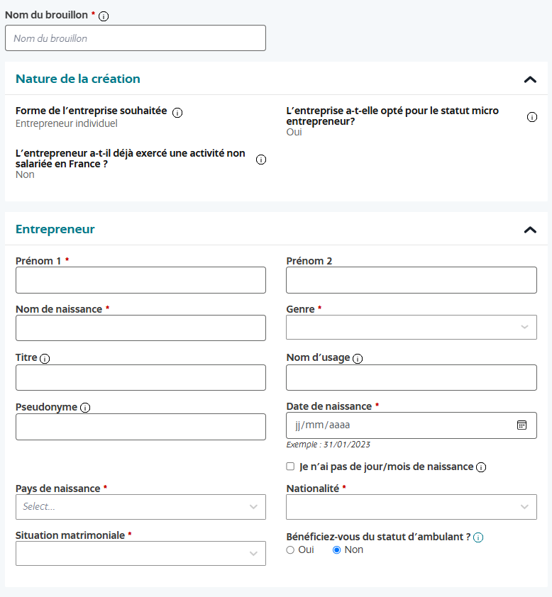Formulaire d'identité de l'entrepreneur : prénom, nom, date de naissance, etc.
