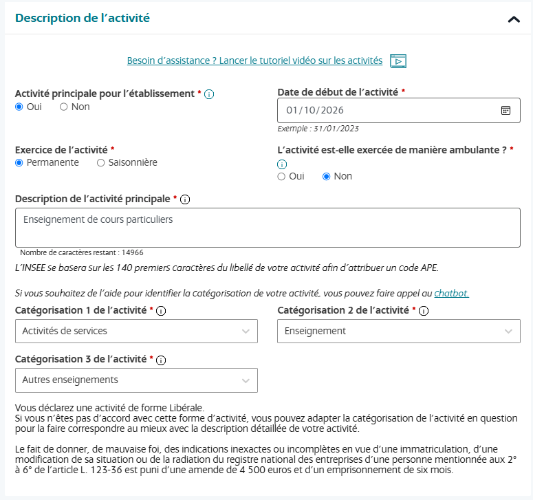 Formulaire complet de description de l'activité principale