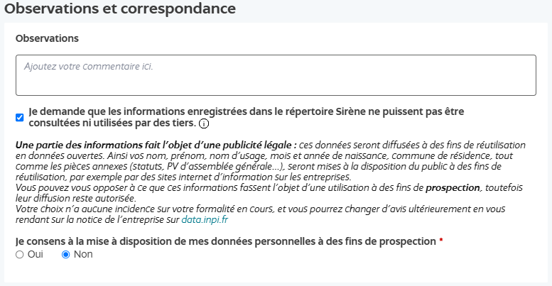 Observations et correspondance, consentement prospection Non