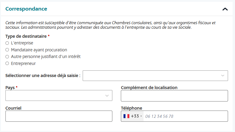 Type de destinataire pour la correspondance, Entrepreneur